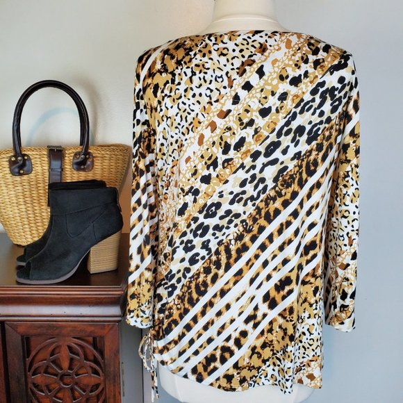 Ruby Rd. Soft Striped Animal Print Embellished Neck Side Drawstring Top Size L - Picture 6 of 9
